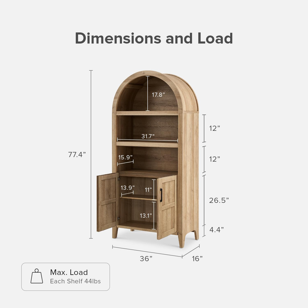 Farmhouse Tall Storage Cabinet with Arched Doors and Adjustable Shelves