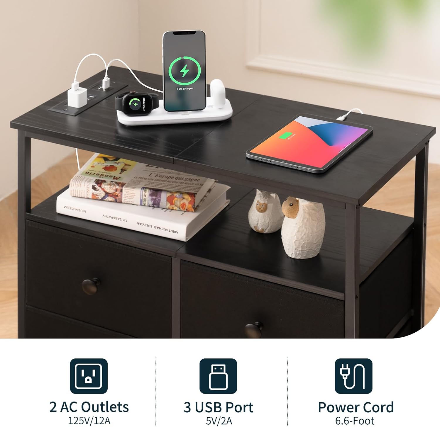 Bedside Charging Station and Storage Organizer for Bedroom