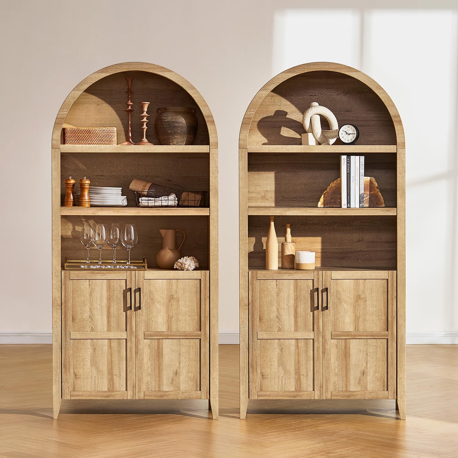 Farmhouse Tall Storage Cabinet with Arched Doors and Adjustable Shelves