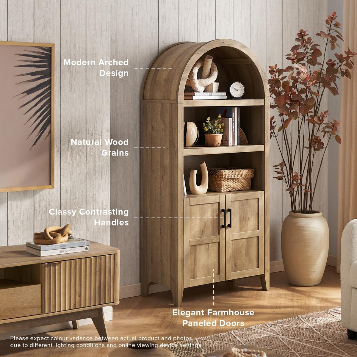 Farmhouse Tall Storage Cabinet with Arched Doors and Adjustable Shelves